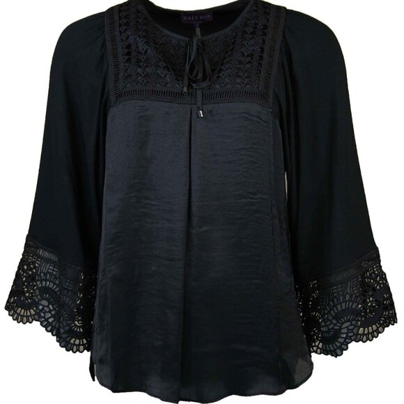 HALE BOB Hildie Laced Top Black Mixed Media Boho Bohemian XS Flowy Crochet Lace - Picture 1 of 11